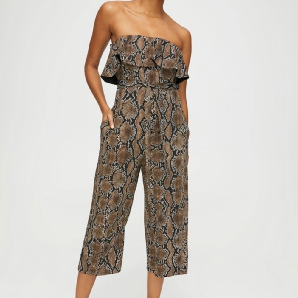 Babaton  Aritzia Brown Snake Print Jumpsuit with Ruffled Bodice 0
